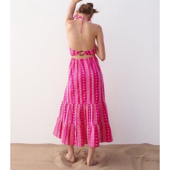 Zara Pink Fuschia Embroidered Midi Dress, Medium - Picture 3 of 5